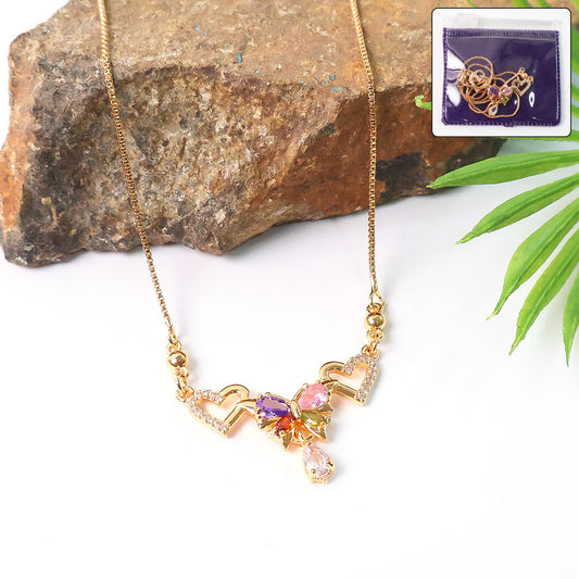 Multicolor Butterfly Design Gold-Plated Pendant Necklace with Heart Accents for Women
