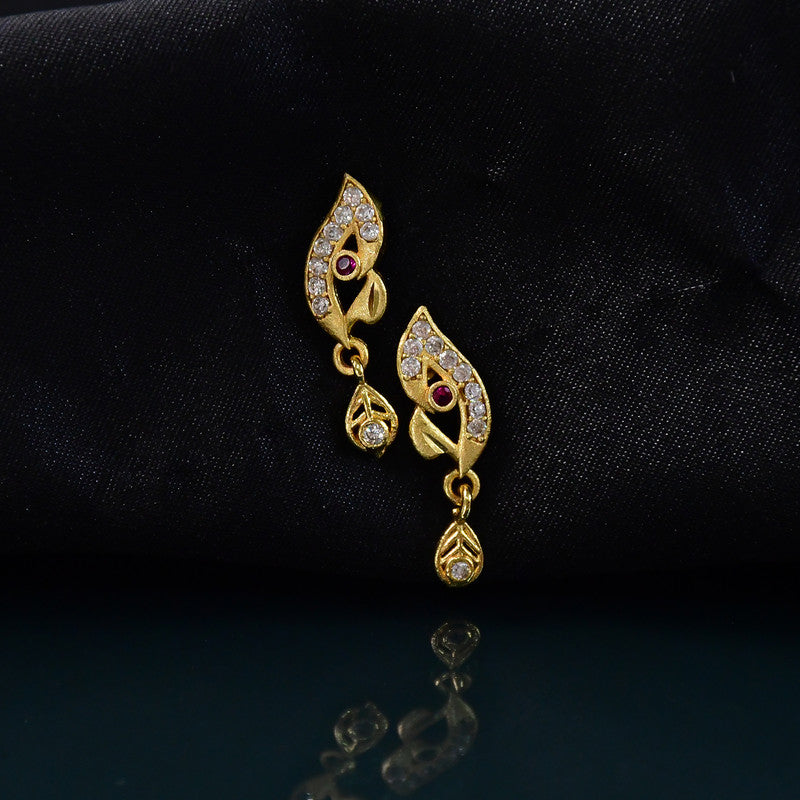Stylish Leaf Pattern Gold Earrings with Stone Work & Drop Charm
