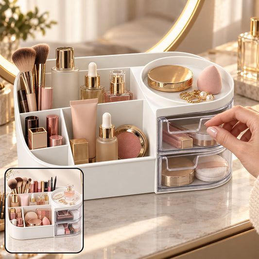 Vanity Organizer with Rotating Tray & Drawers for Easy Storage