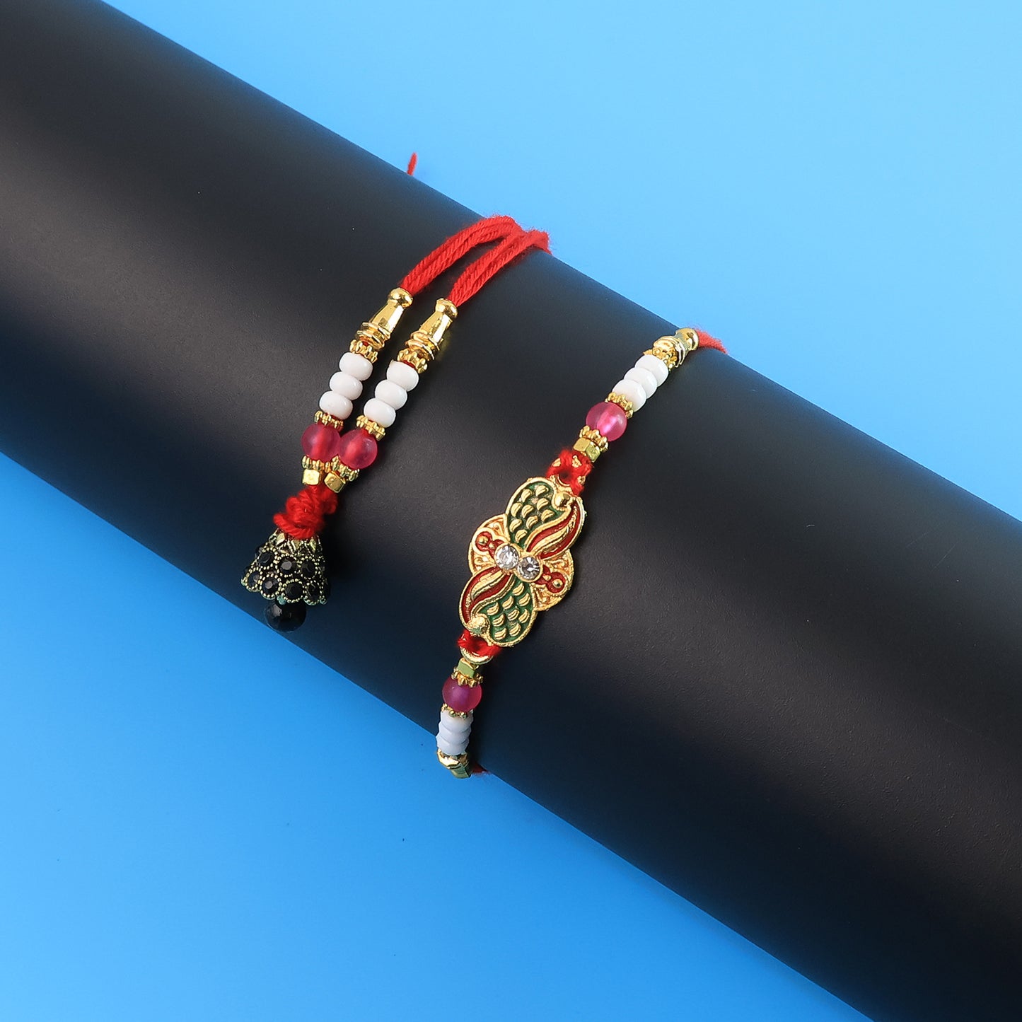 Elegant Bhabhi Lumba Rakhi with Butterfly Design, Beaded Tassels & Pink Stone Work