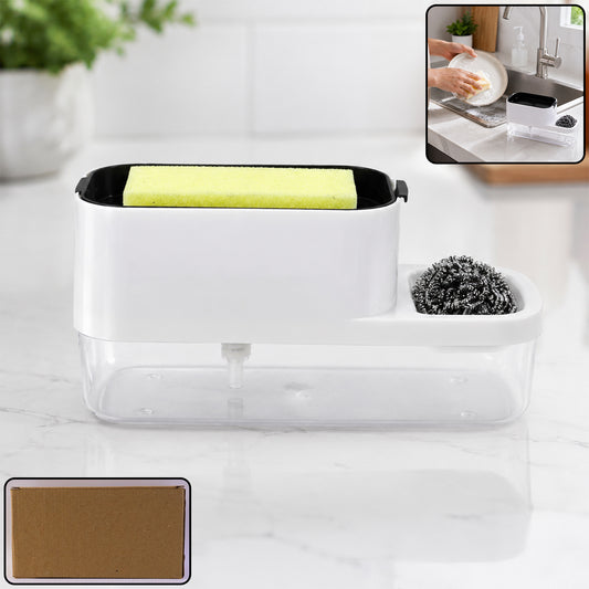 2-in-1 Dish Soap Dispenser & Sponge Holder Set on a kitchen counter