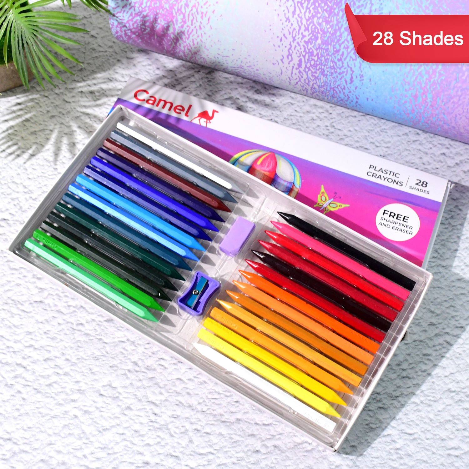 Camel Plastic Crayons with Free Sharpener & Eraser - 28 Shades