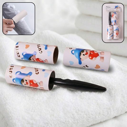 Reusable sticky lint roller set with handle and two refill adhesive rolls