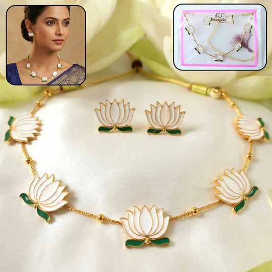 White Lotus Necklace Set – Adjustable Thread Traditional Jewellery