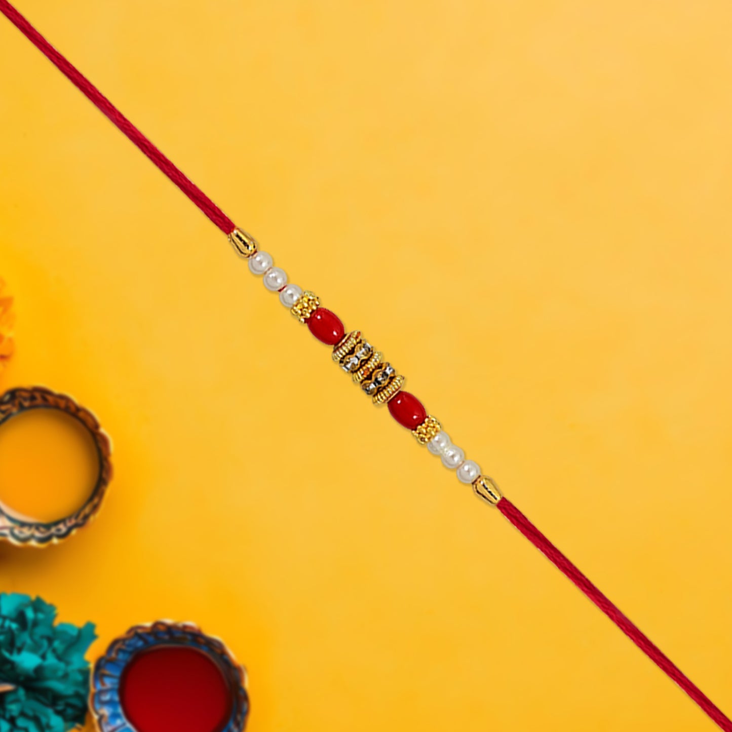 Traditional Pearl Beaded Rakhi with Red Beads & Golden Accents (1 Pc)