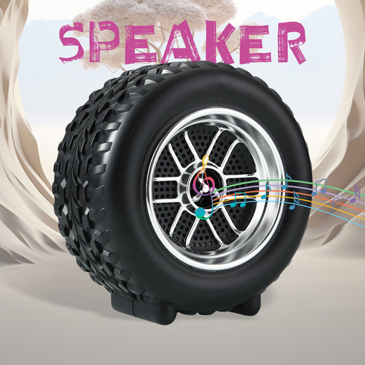 Wheel-shaped portable speaker showing design details