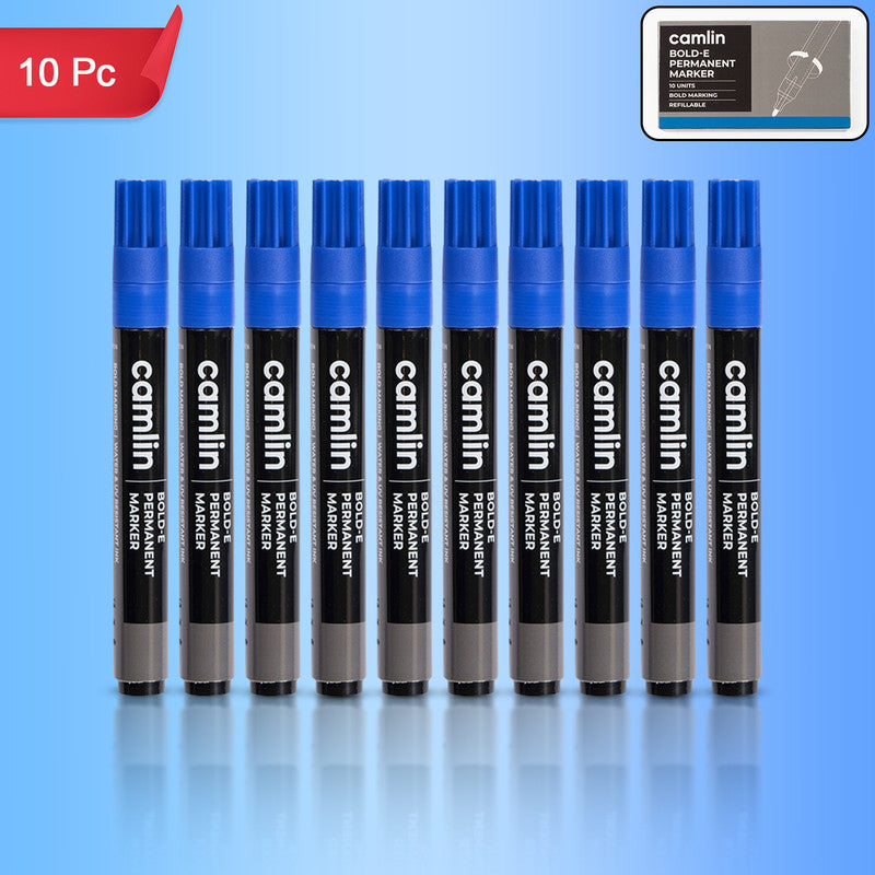 Camlin Bold-E Permanent Marker – Blue Colour, Bold & Long-Lasting Ink, Refillable Permanent Markers for Multi-Surfaces – Pack of 10