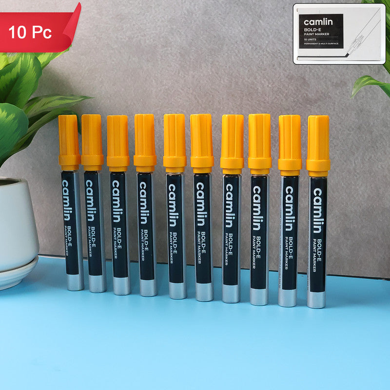Camlin Bold-E Paint Marker – Yellow Colour, Permanent & Refillable Paint Markers for Industrial and Multi-Surface Marking – Pack of 10