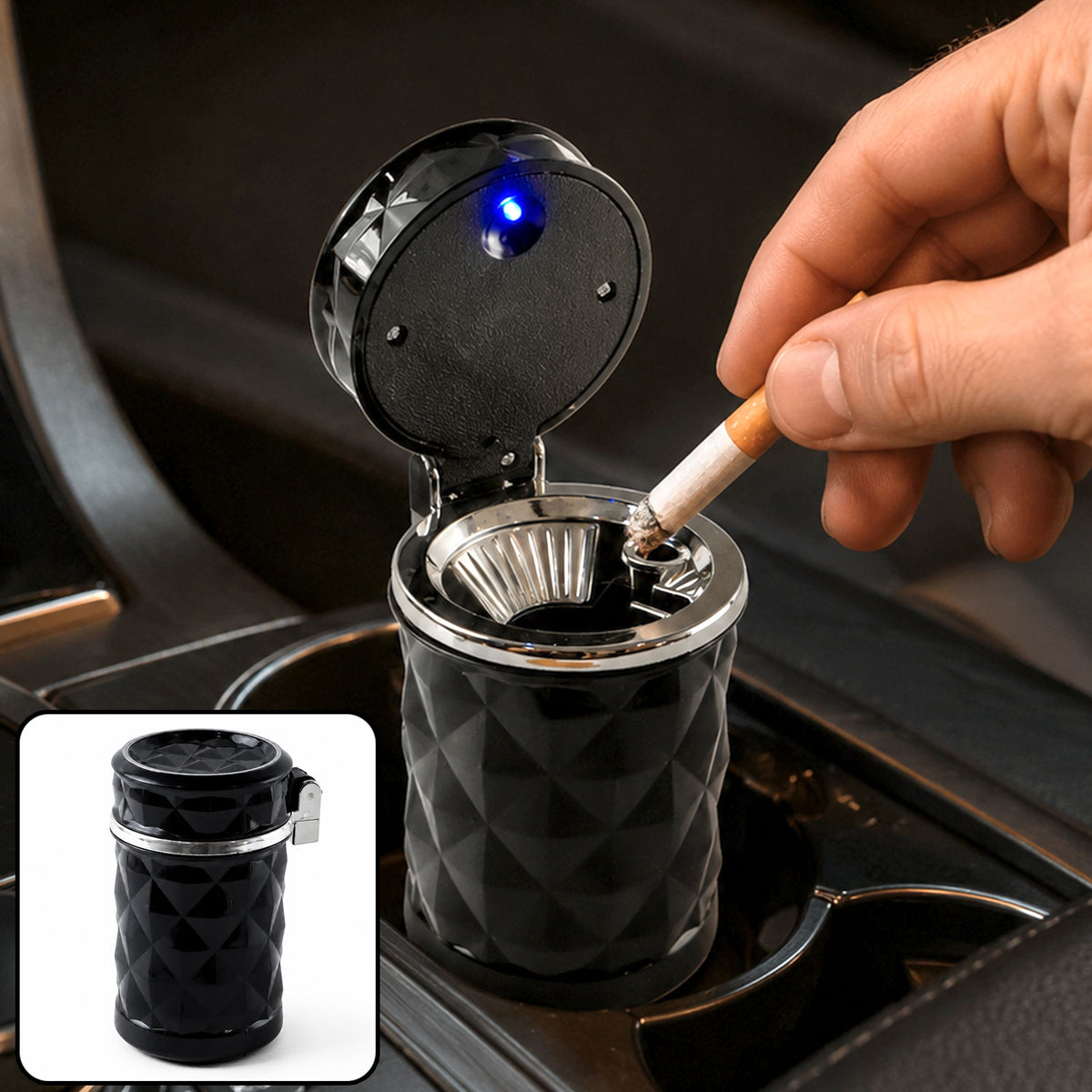 Car Cupholder Ashtray – LED Light, Lid & Portable Bin | Velvet Wheels