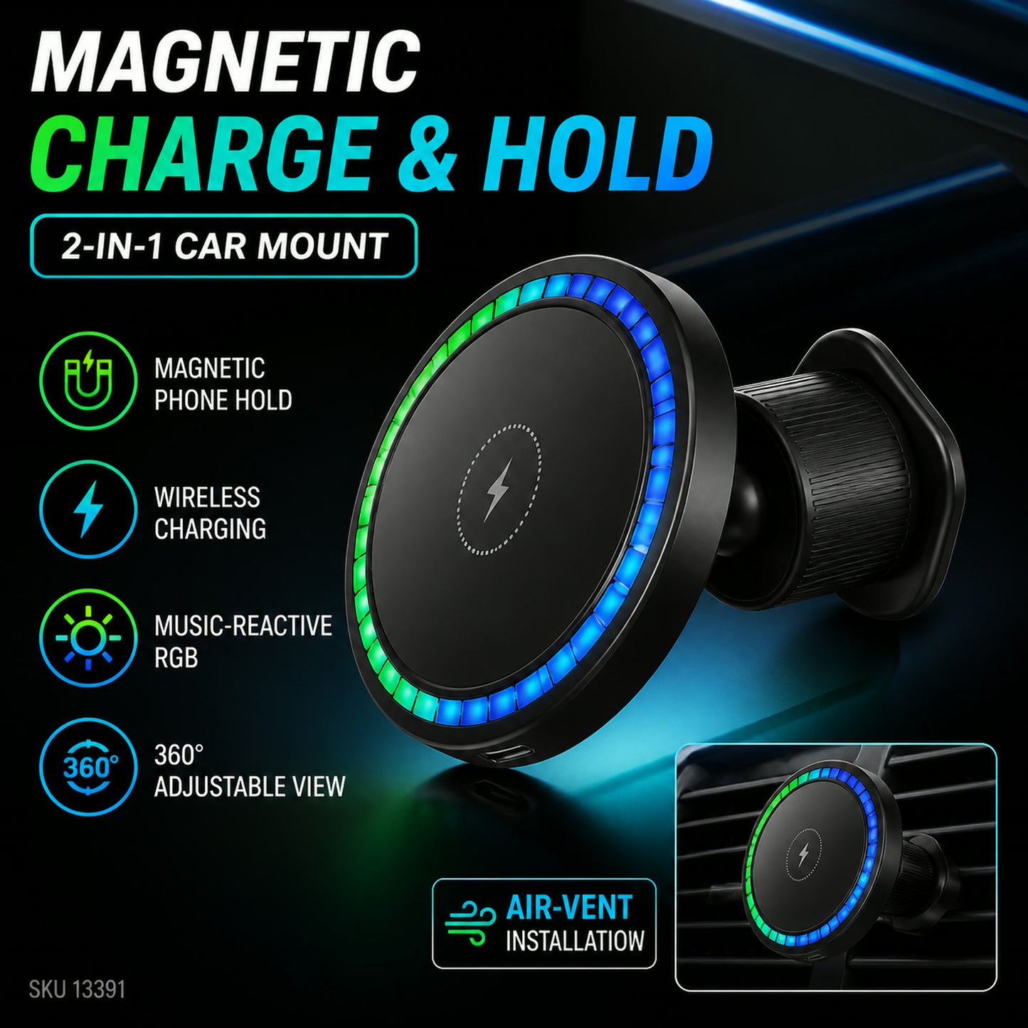 Magnetic Car Charger – Wireless Phone Mount with RGB Lights | Phonixio