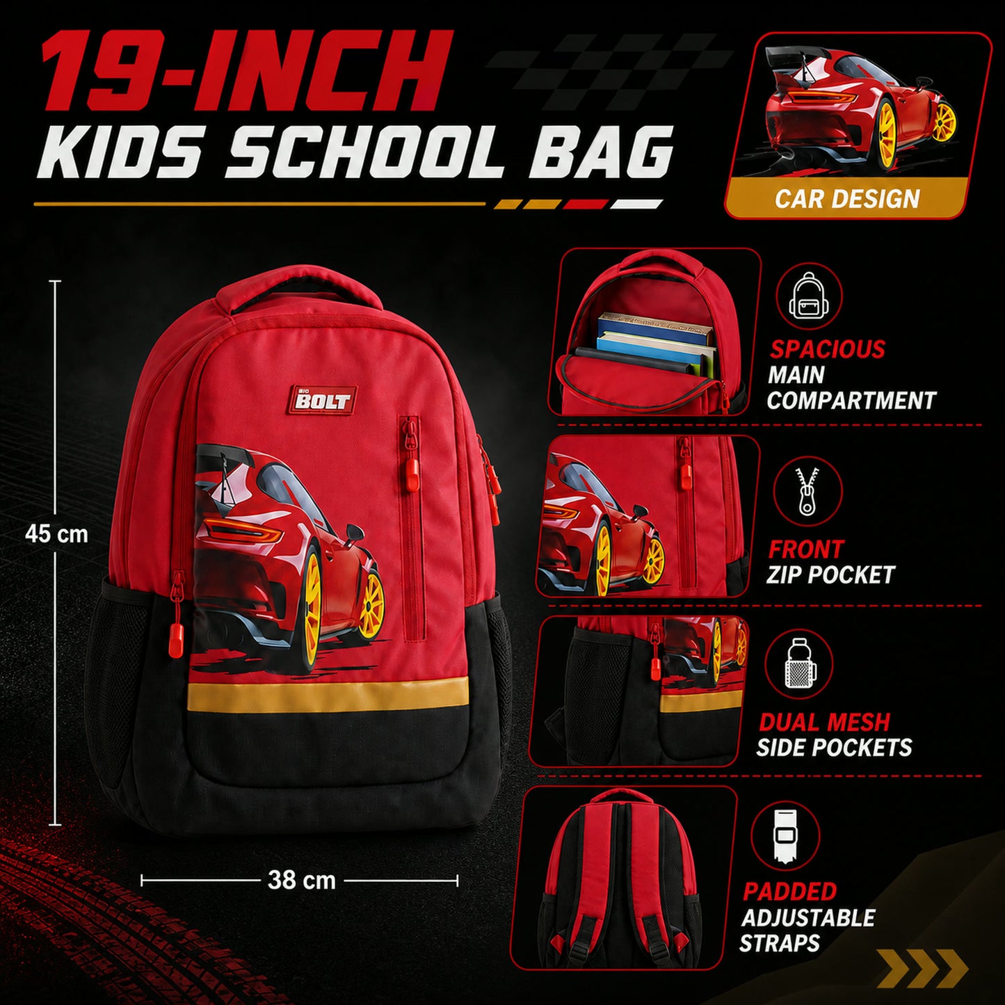 19-inch Kid’s School Bag – Spacious & Stylish with Car Design