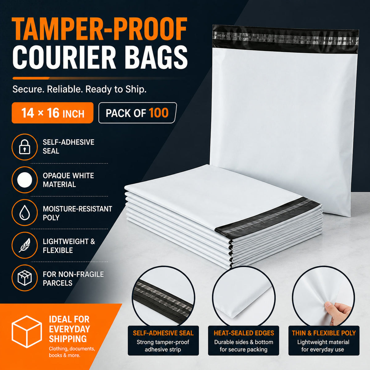 Tamper Proof Courier Bags – 14x16 Inch Pack of 100 | FERVENT