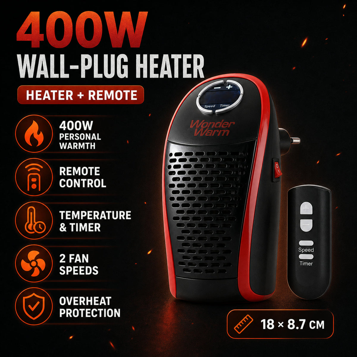 400W Wall Plug Room Heater – Compact Heating with Remote Control