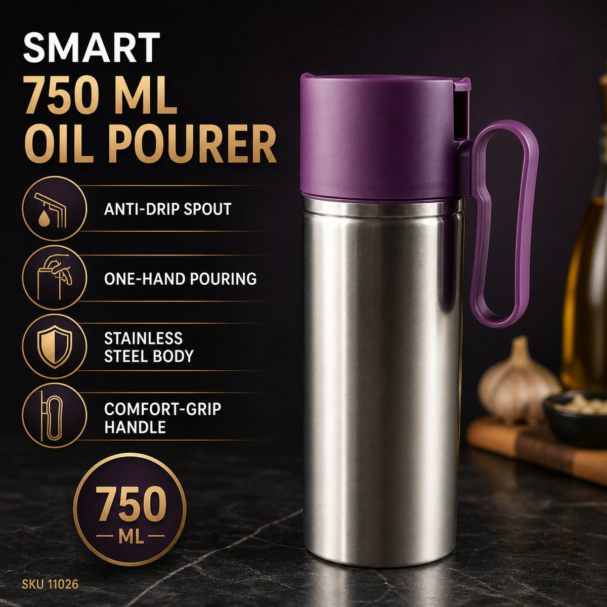 Stainless Steel Oil Pourer – 750ml Anti-Drip Dispenser