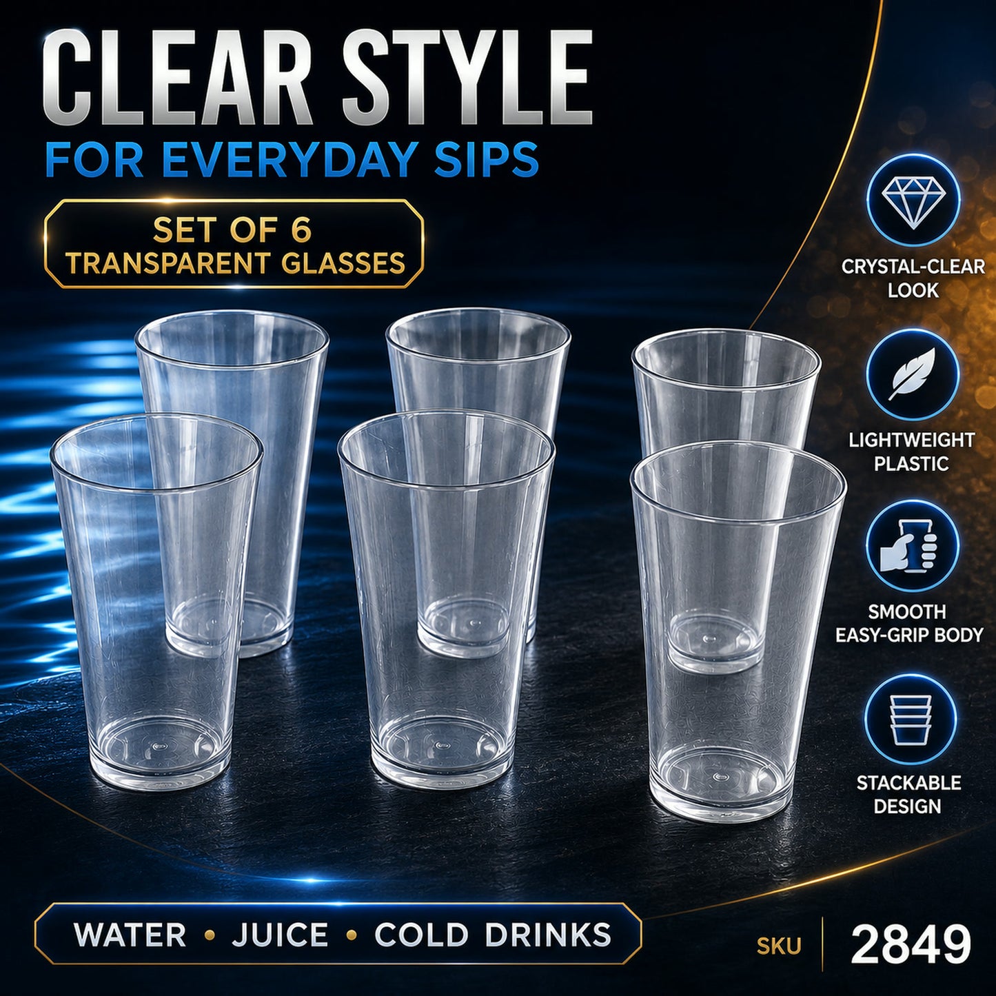 Transparent Plastic Drinking Glasses – Durable Set of 6 | Serve Stellar