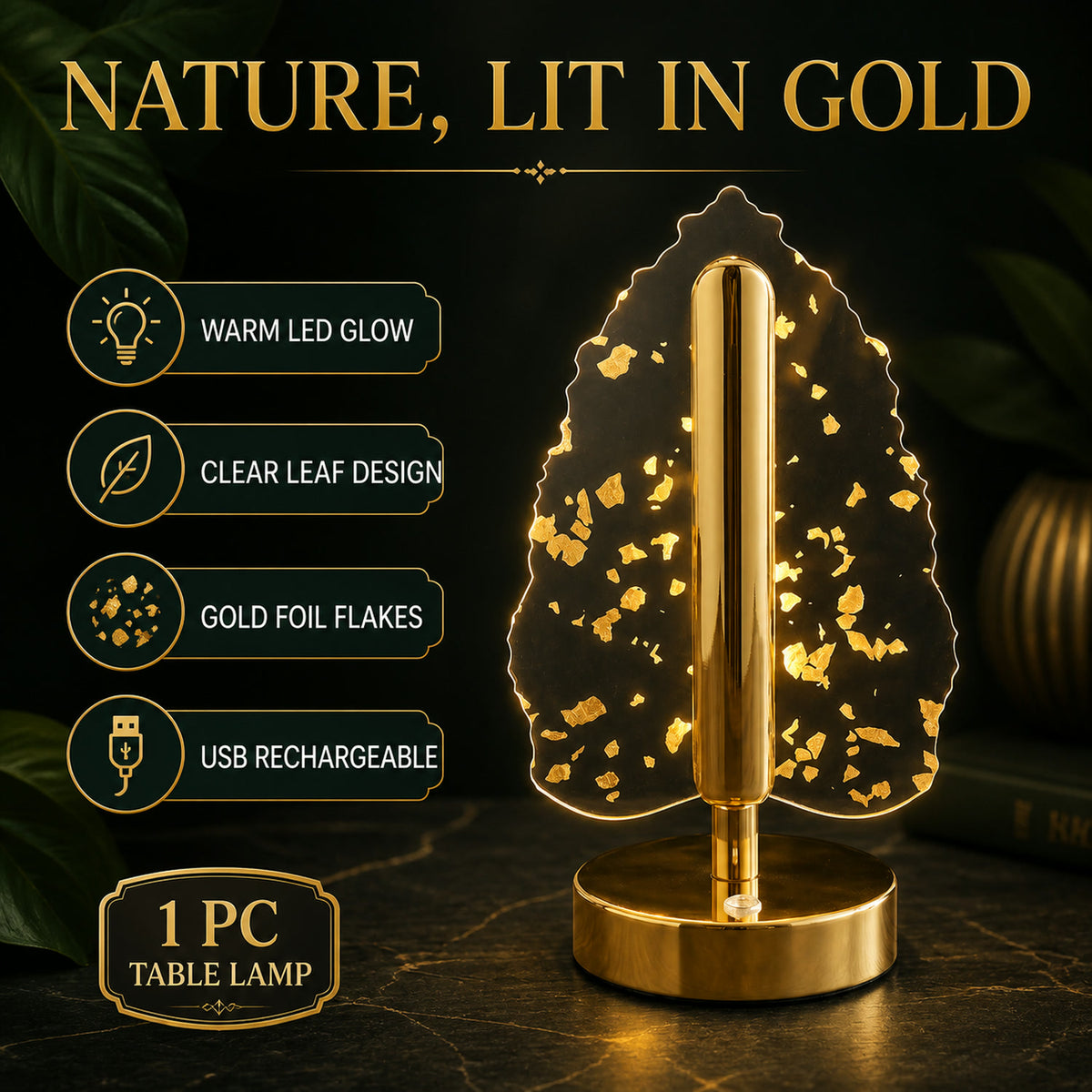 Golden Crystal Leaf LED Table Lamp – USB Charging & Warm Light