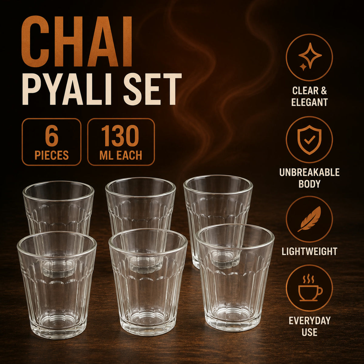 Chai Pyali Glass Set – 6 Pcs Transparent Unbreakable 130ml