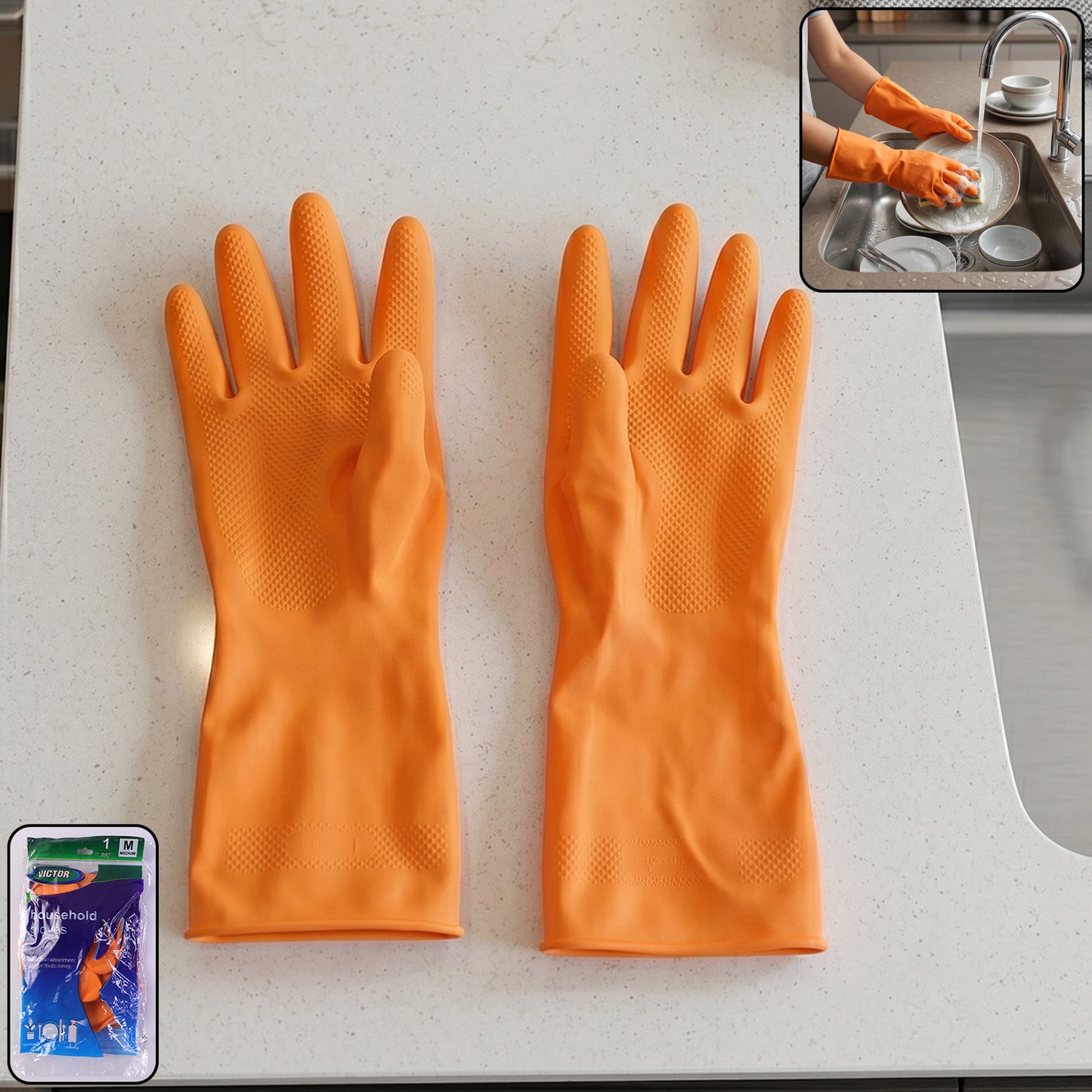 Medium orange Victor waterproof cleaning rubber gloves