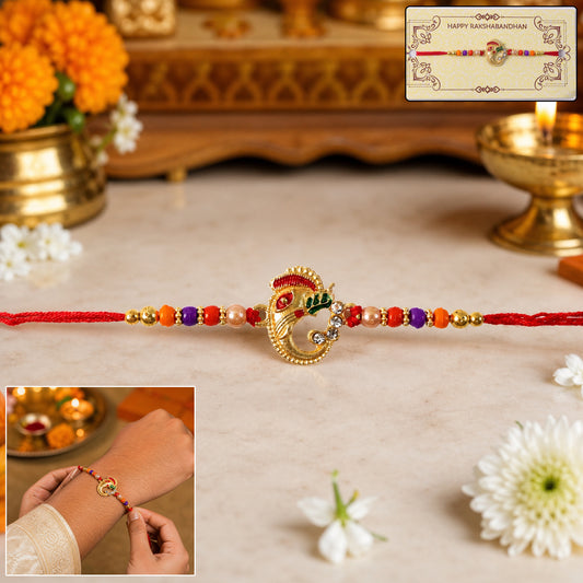 Close-up of Ganesh centerpiece on Rakhi with beads