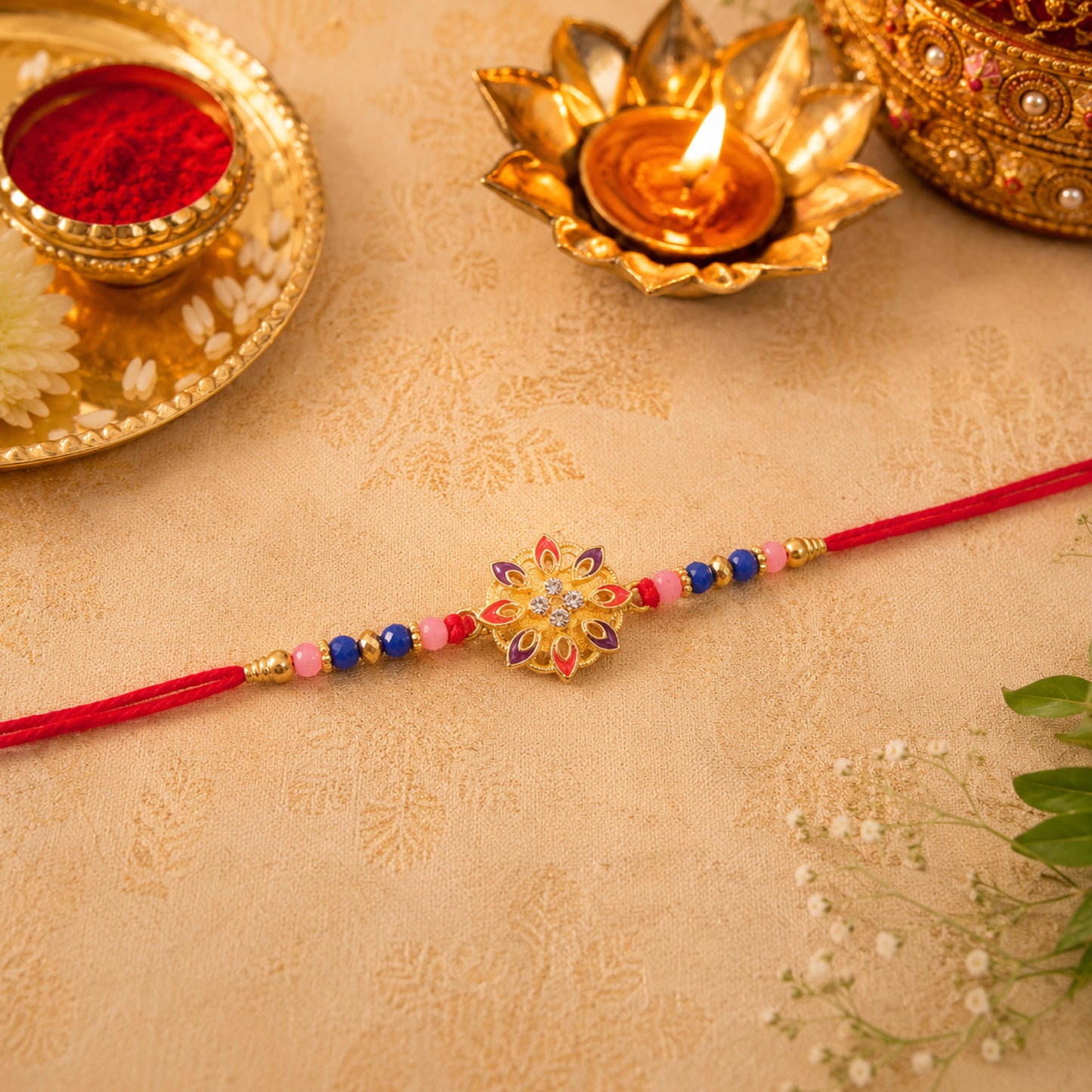 Elegant floral rakhi displayed on white surface