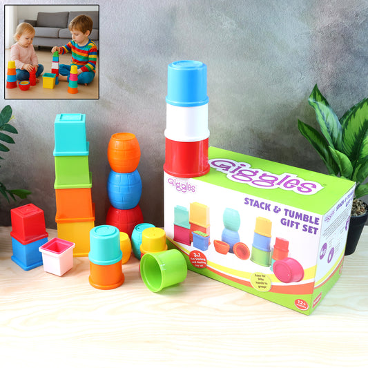 Giggles Stack & Tumble colorful stacking toy for babies with cups and drums.
