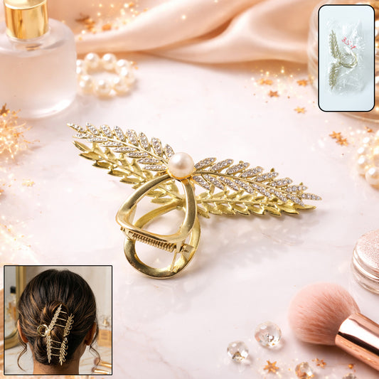 Luxury Leaf Design Pearl Hair Claw Clip for Women (1 Pc)