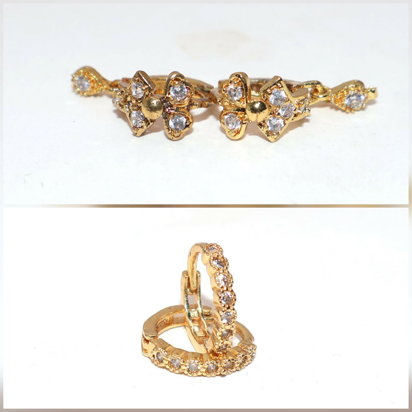 Gold huggie hoop and flower dangle earrings set displayed on white background