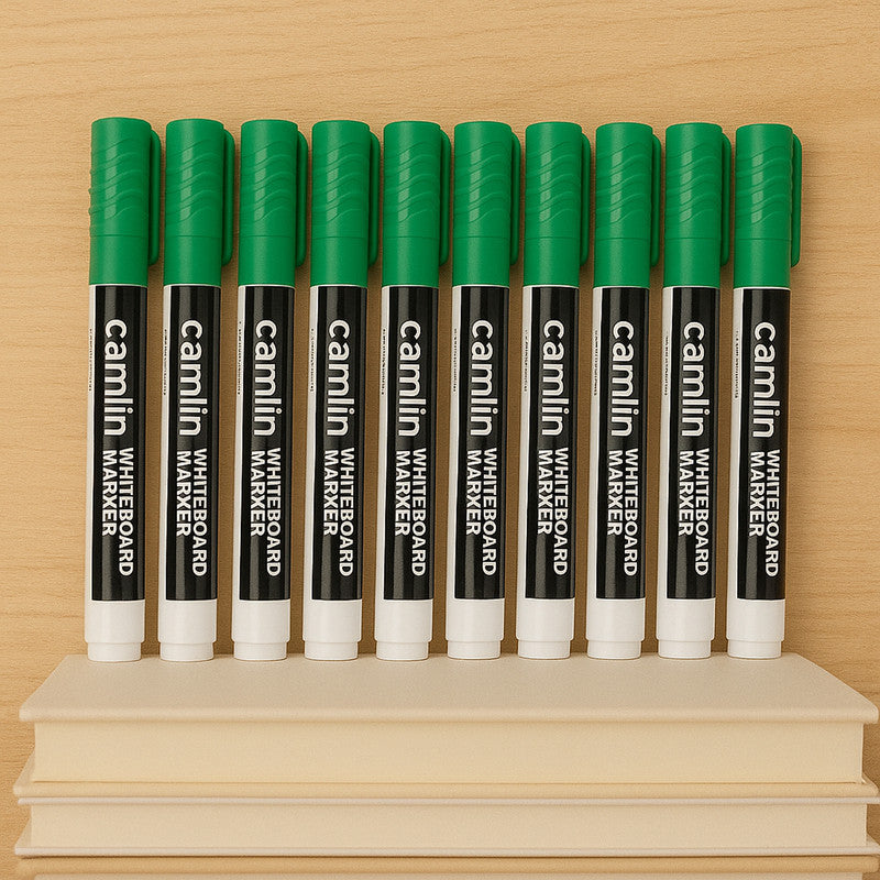 Camlin Whiteboard Marker – Green Colour, Bold & Refillable Ink, Smooth Writing Marker for Whiteboards – Pack of 10