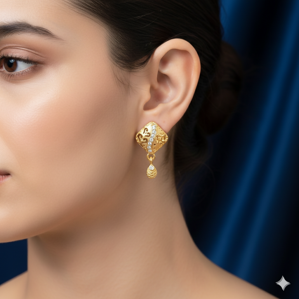 Gold Plated Daily Use Rhombus Drop Earrings with Filigree Detailing and AD