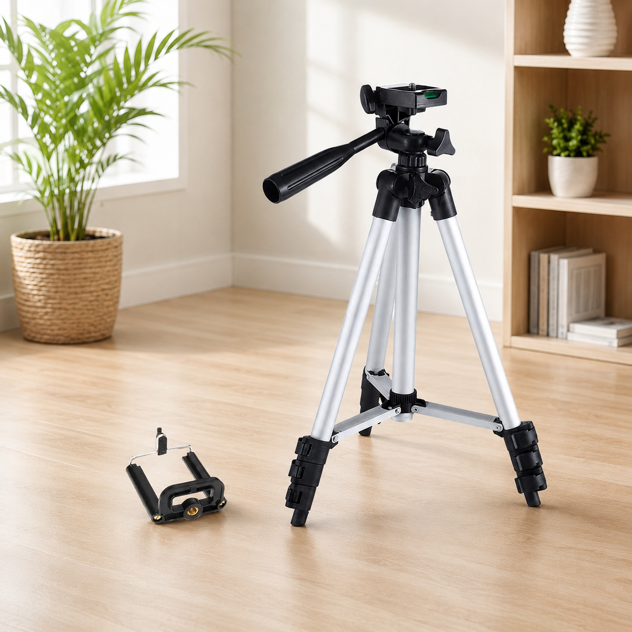 A silver and black tripod stands on a wooden floor, with a phone holder lying beside it, in a bright room.