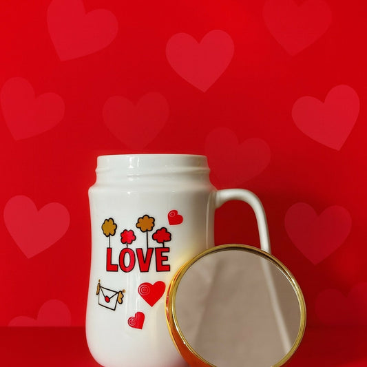 Love Printed Ceramic Mug with Golden Lid | Premium Gift Mug for Couples