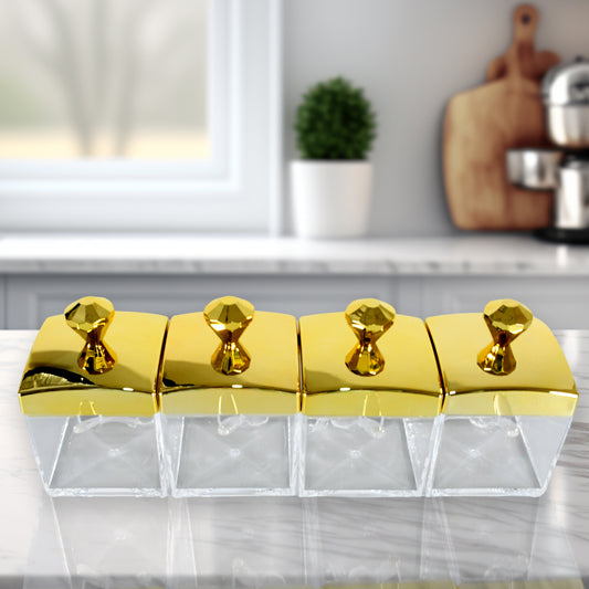 स्टोरेज जार सेट एक सेट जिसमें 4 जार ढक्कन के साथ, ट्रे और 4 चम्मच कॉफी, चाय, चीनी के लिए स्टोरेज जार ट्रे के साथ घर के रसोई घर के लिए