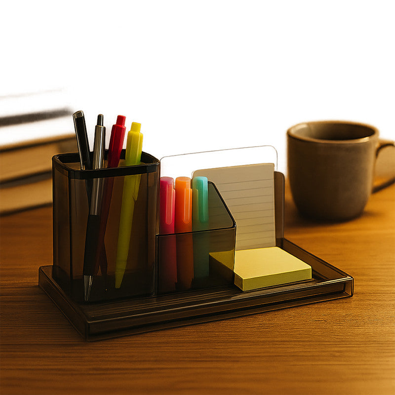 Khyati Desk Organizer – Elegant Smoke Grey Multi-Compartment Stationery Holder