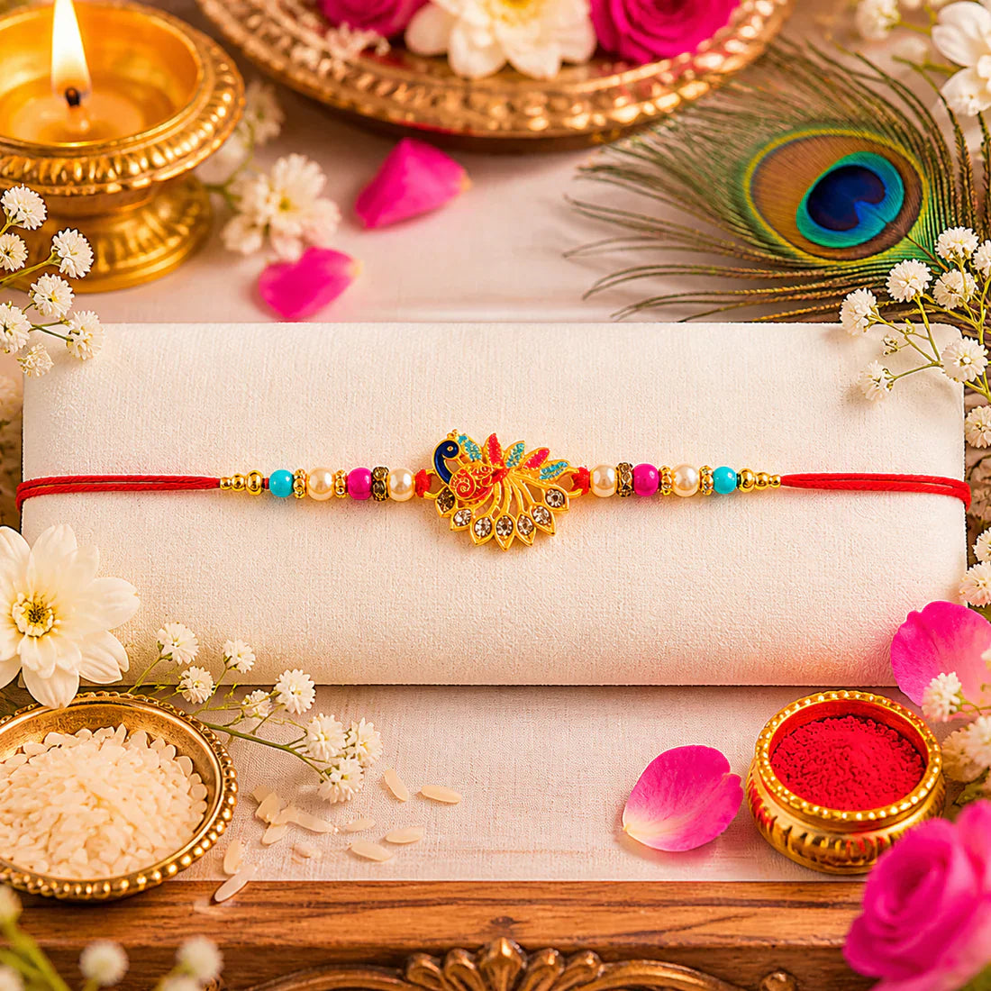 Peacock Rakhi – Colourful Stone Detailing & Red Thread