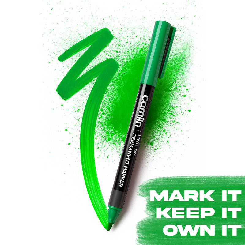 Camlin Fine Tip Permanent Marker – Green Color Precise Writing Markers (Pack of 10)