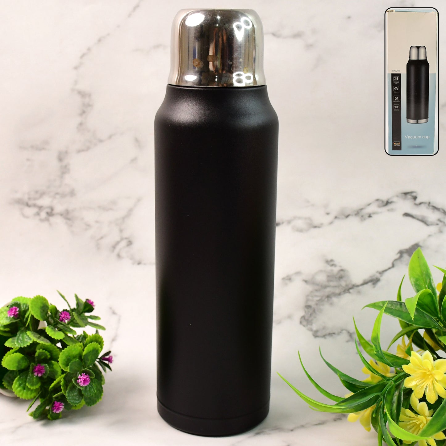 Stainless Steel Vacuum Water Bottle – Hot & Cold Insulated Flask (1000 ML Approx)