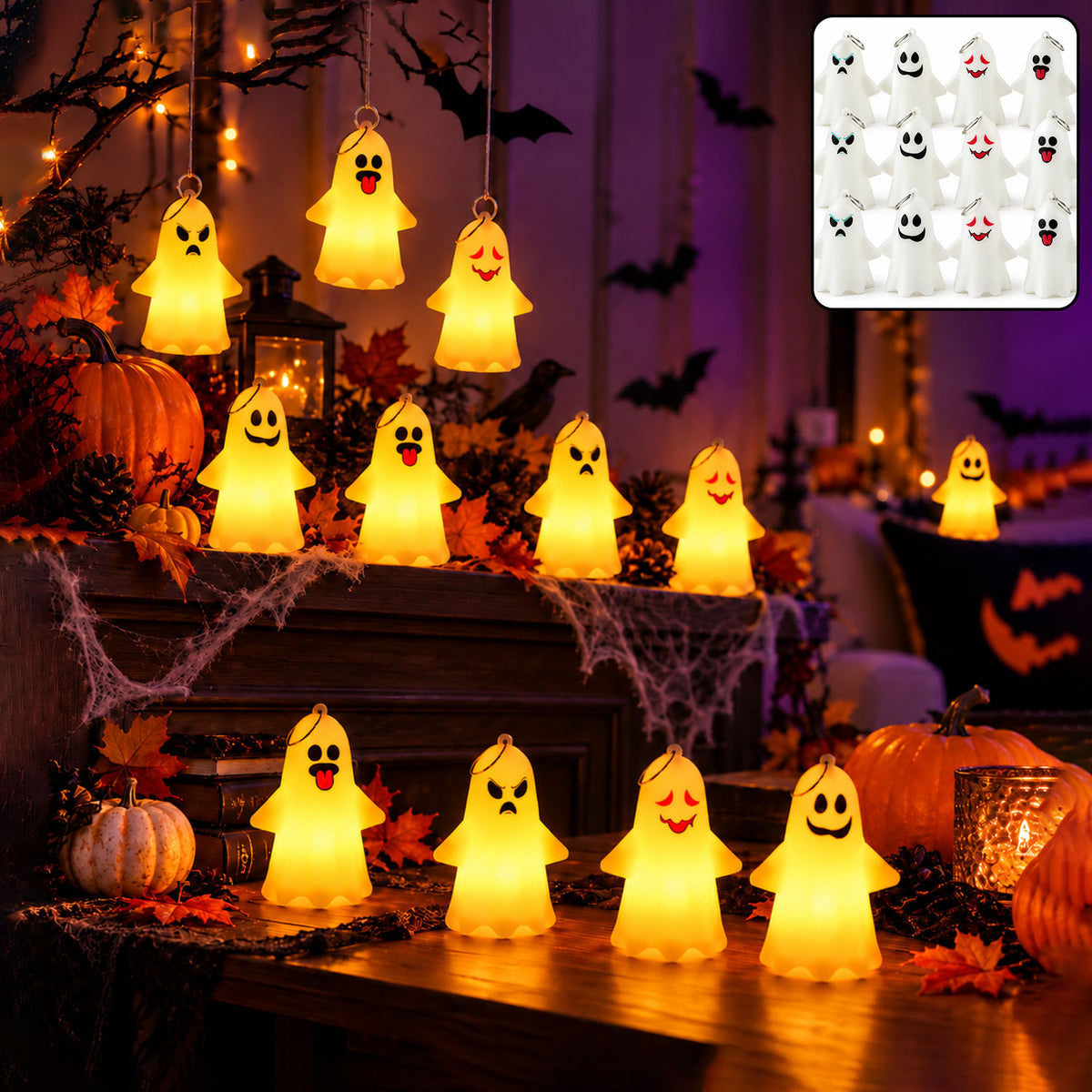 Cute Ghost LED Night Lamps for Halloween Table and Hanging Decor (12 Pc Set)