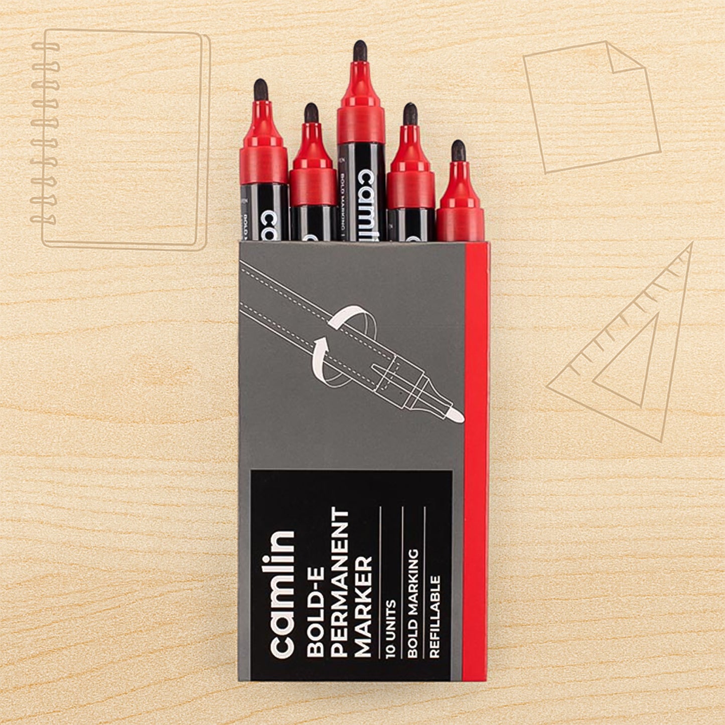 Camlin Bold-E Permanent Marker – Refillable Bold Writing (Red, Pack of 10)