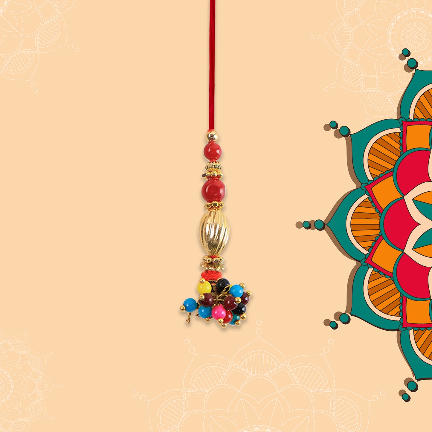 Bhabhi Lumba Rakhi with Multicolor Beads and Golden Floral Charm on Red Thread