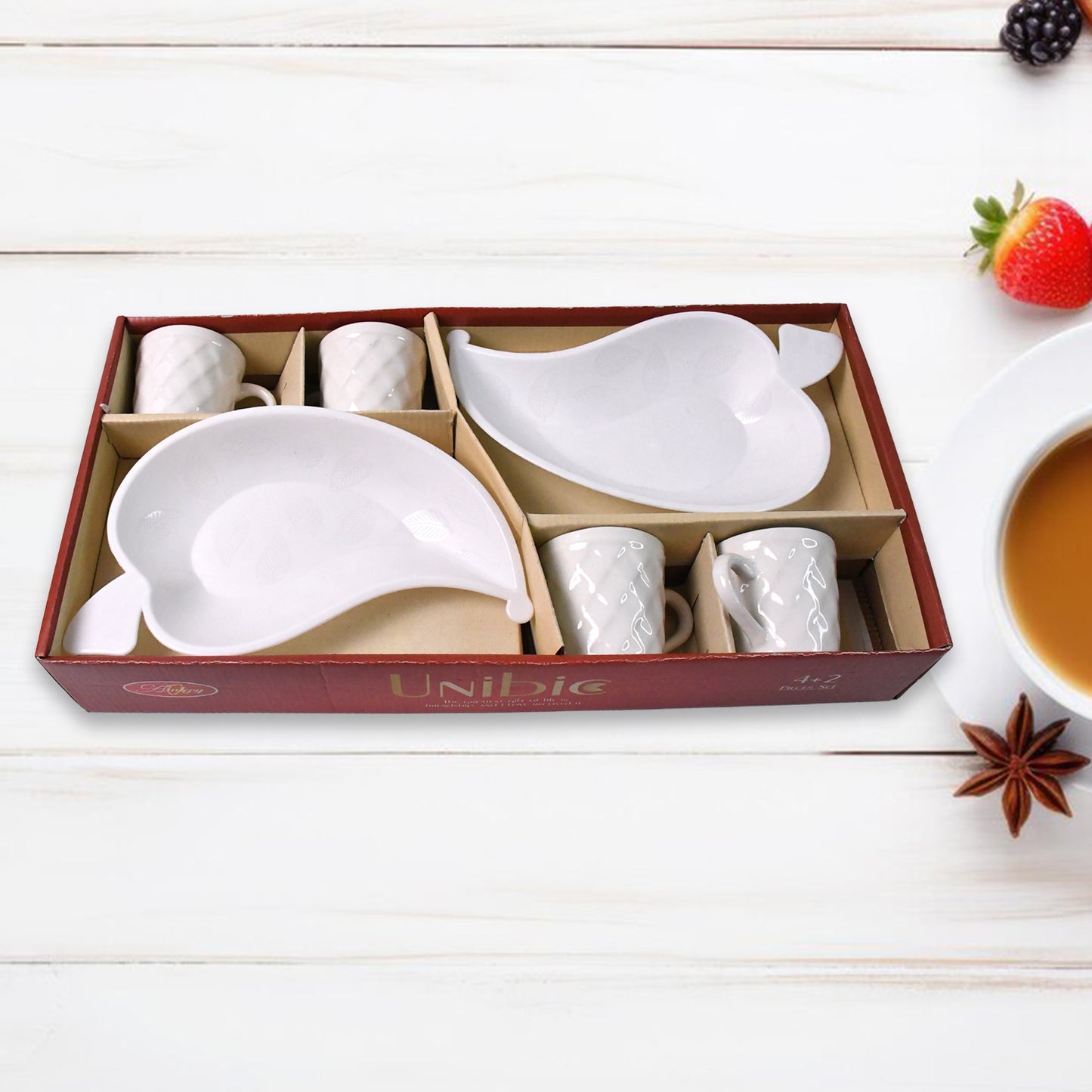 Unibic Ceramic Tea Cups With Plastic Leaf Shape tray / Platter (6 Pcs Set)