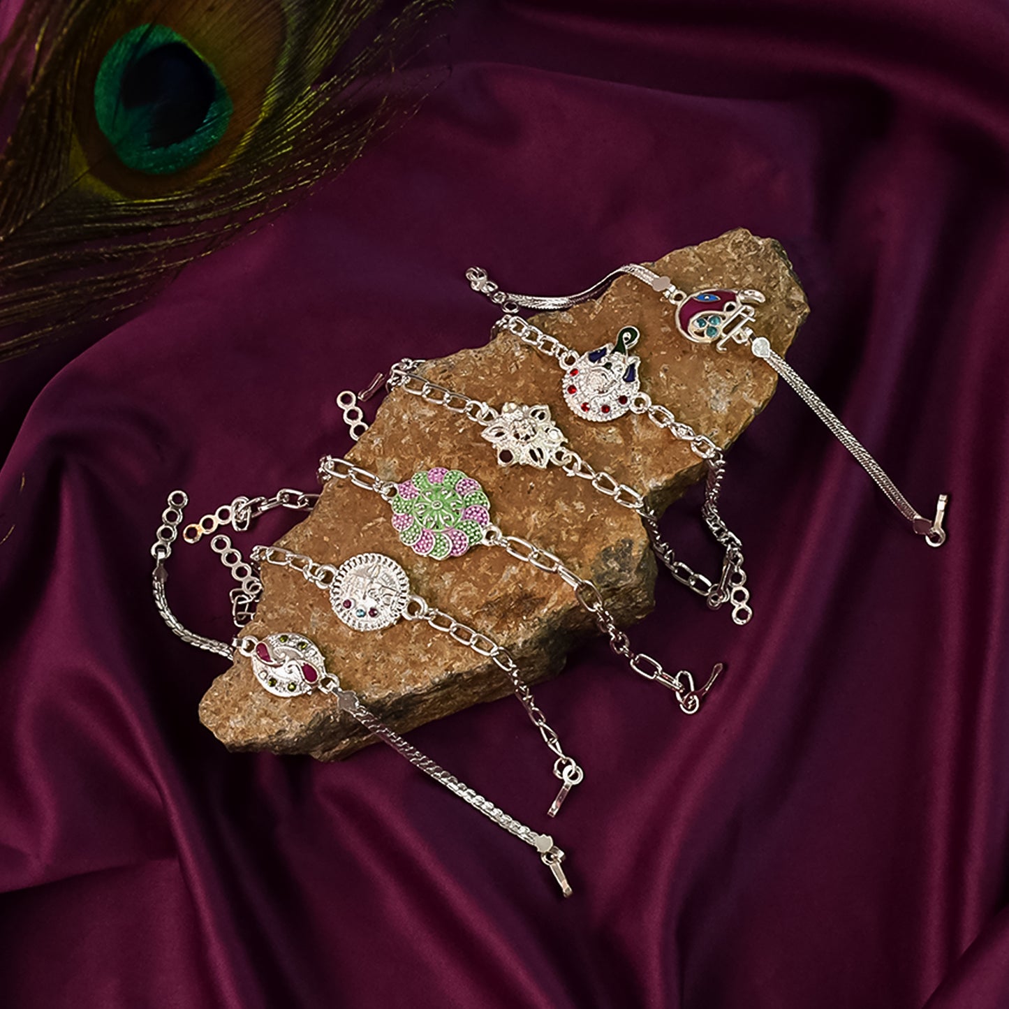 Stylish Mix Design Silver Chain Rakhi for Brother (1 pc / Mix Design)