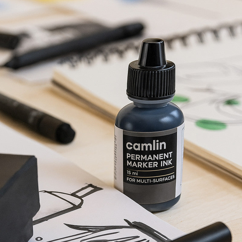 Camlin Permanent Marker Ink 15 ml – Black Color Refill Ink for Multi-Surfaces