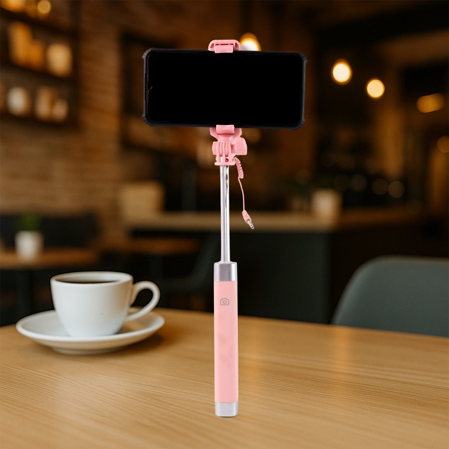 Wired Selfie Stick with Rearview Mirror & Built-In Shutter Button (1 Pc)