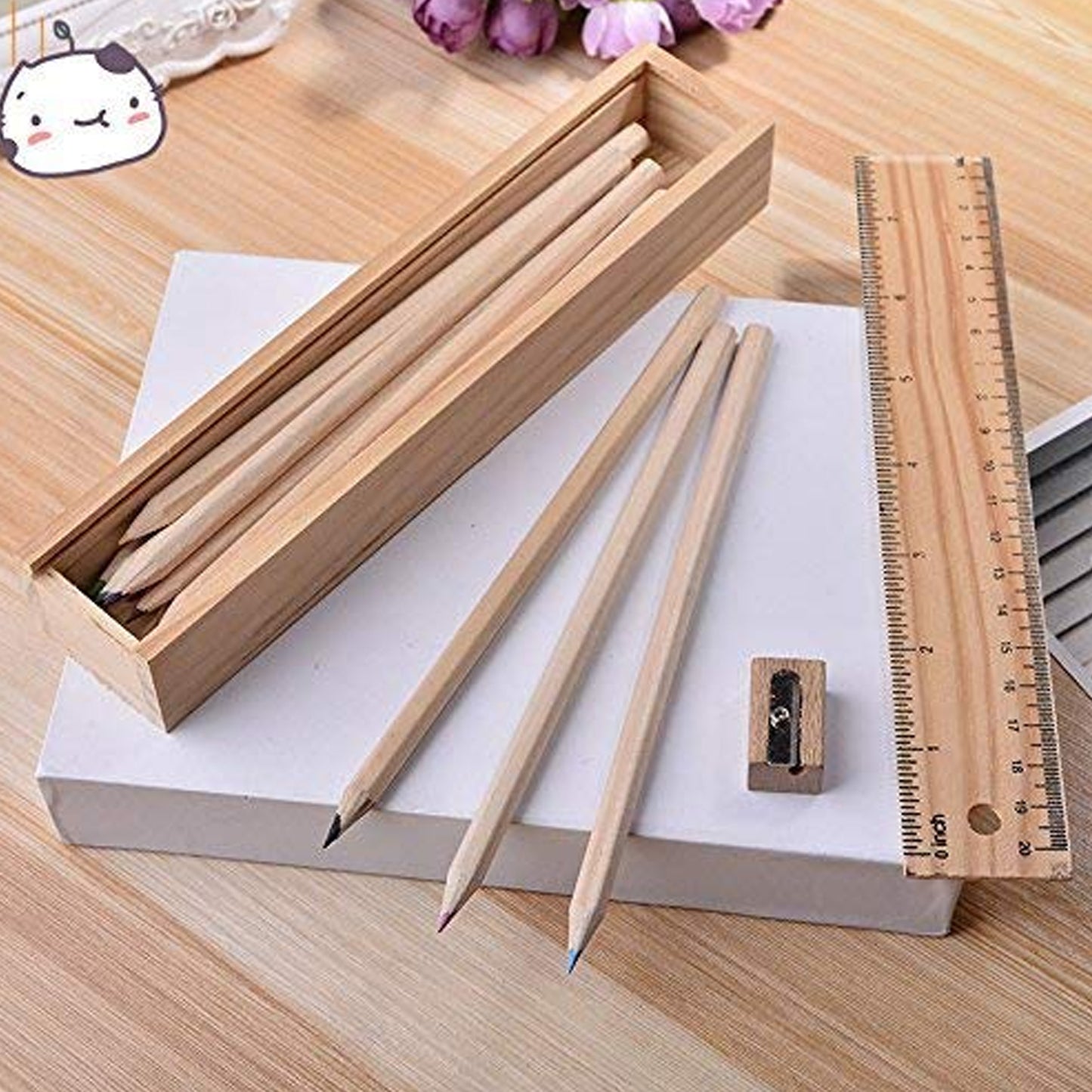 Colorful Wooden Pencil Set with Pencil box, Ruler, Sharpener (12 Pcs Set)