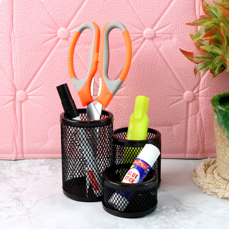 Khyati Trio Metal Mesh Pen Stand – 3-in-1 Round Desk Organizer Set