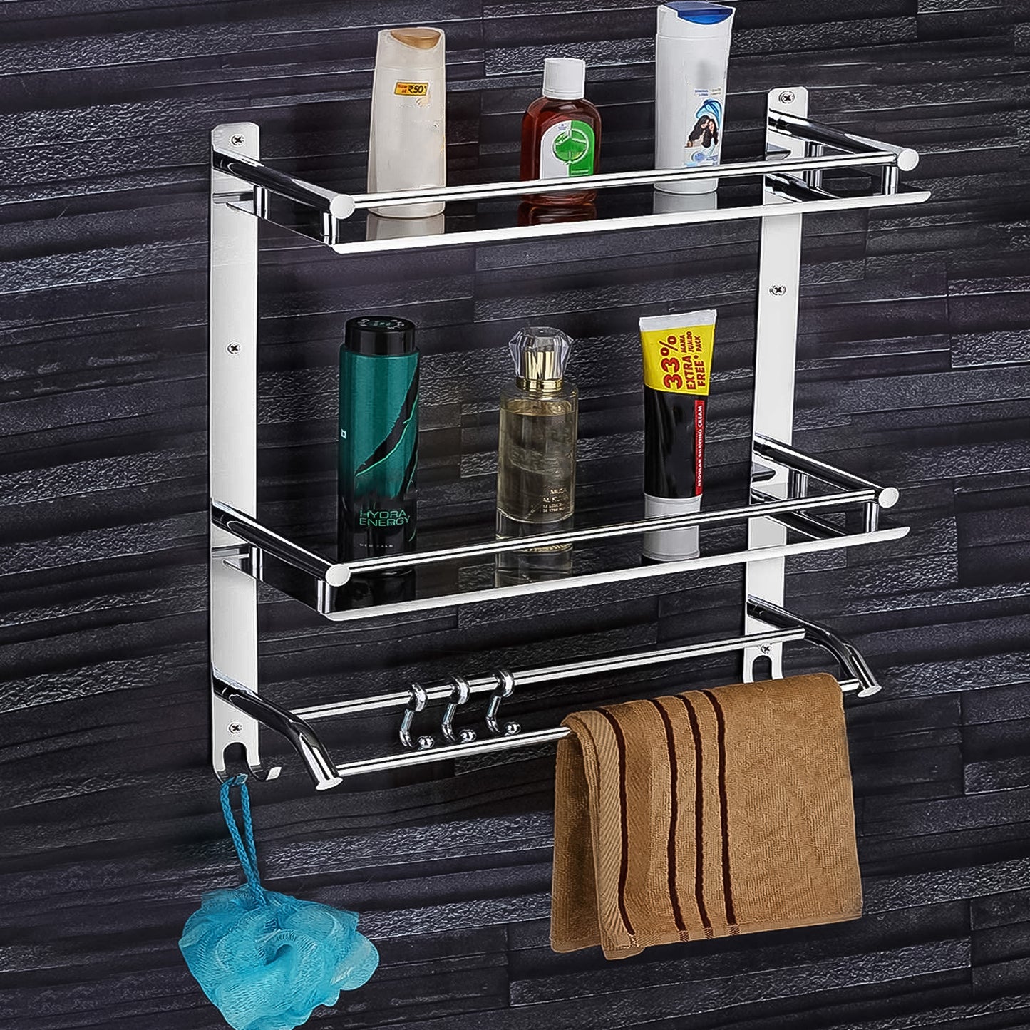 Stainless Steel Wall-Mount 2 Tier Self With Towel Bar