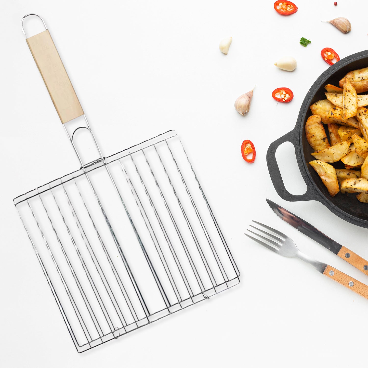 2378 કિચન સ્ક્વેર રોસ્ટર પાપડ ગ્રીલ લાકડાના હેન્ડલ સાથે બરબેકયુ ગ્રીલ