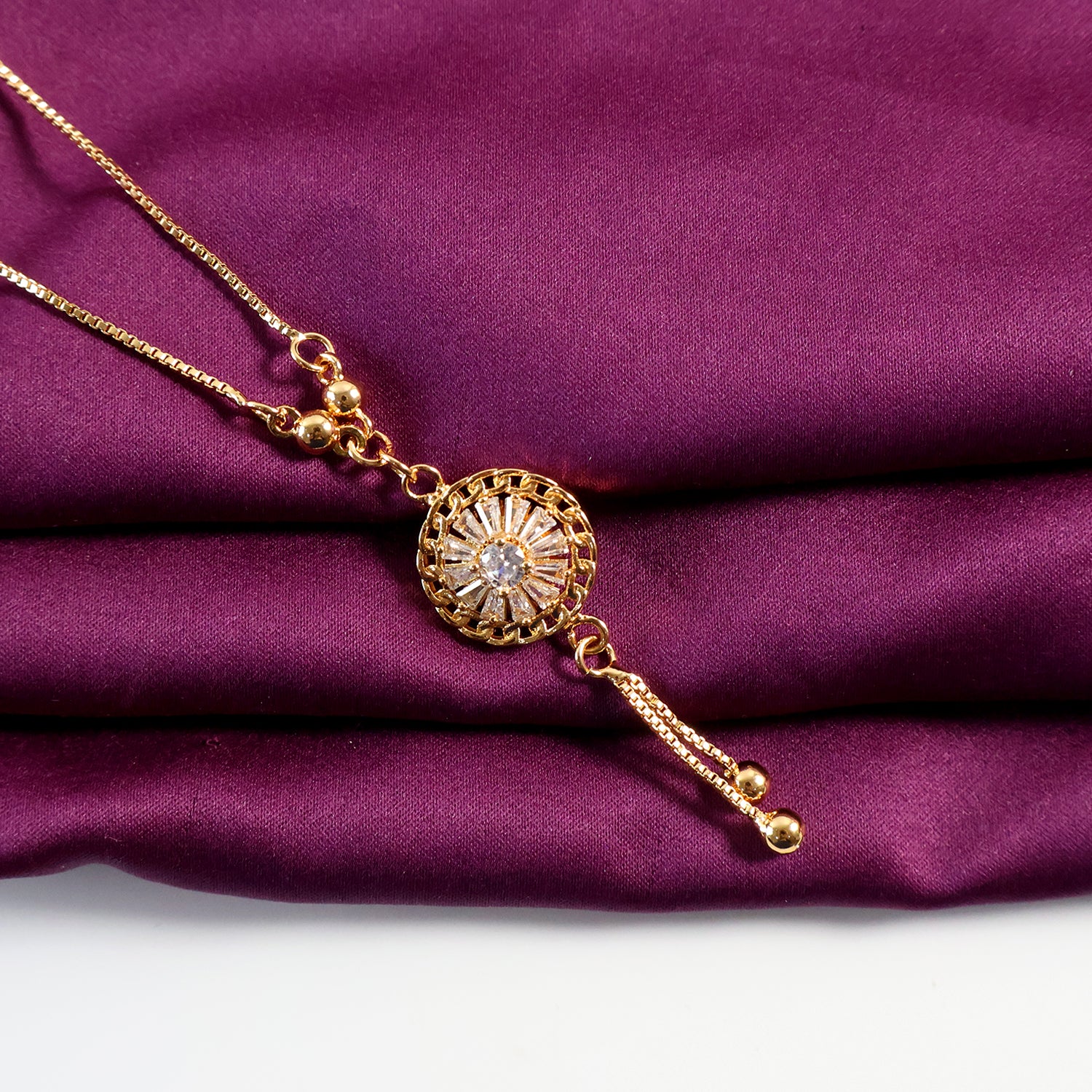 Radiant Gold-Plated Round Pendant Necklace with Dual Hanging Chains for Women