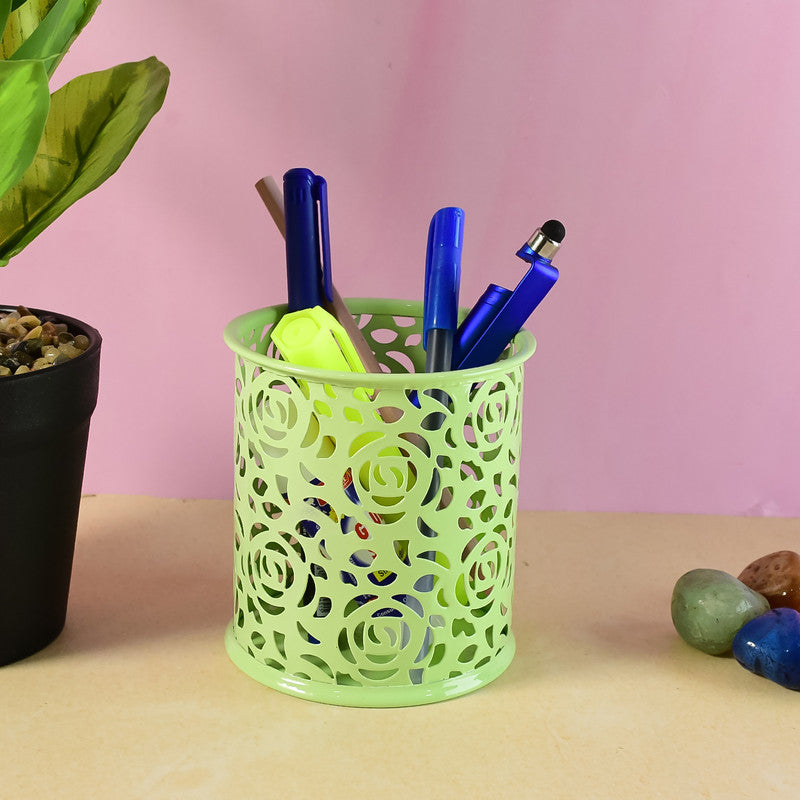 Khyati Roseira Metal Pen Stand – Elegant Floral Cutwork Desk Organizer for Office & Study