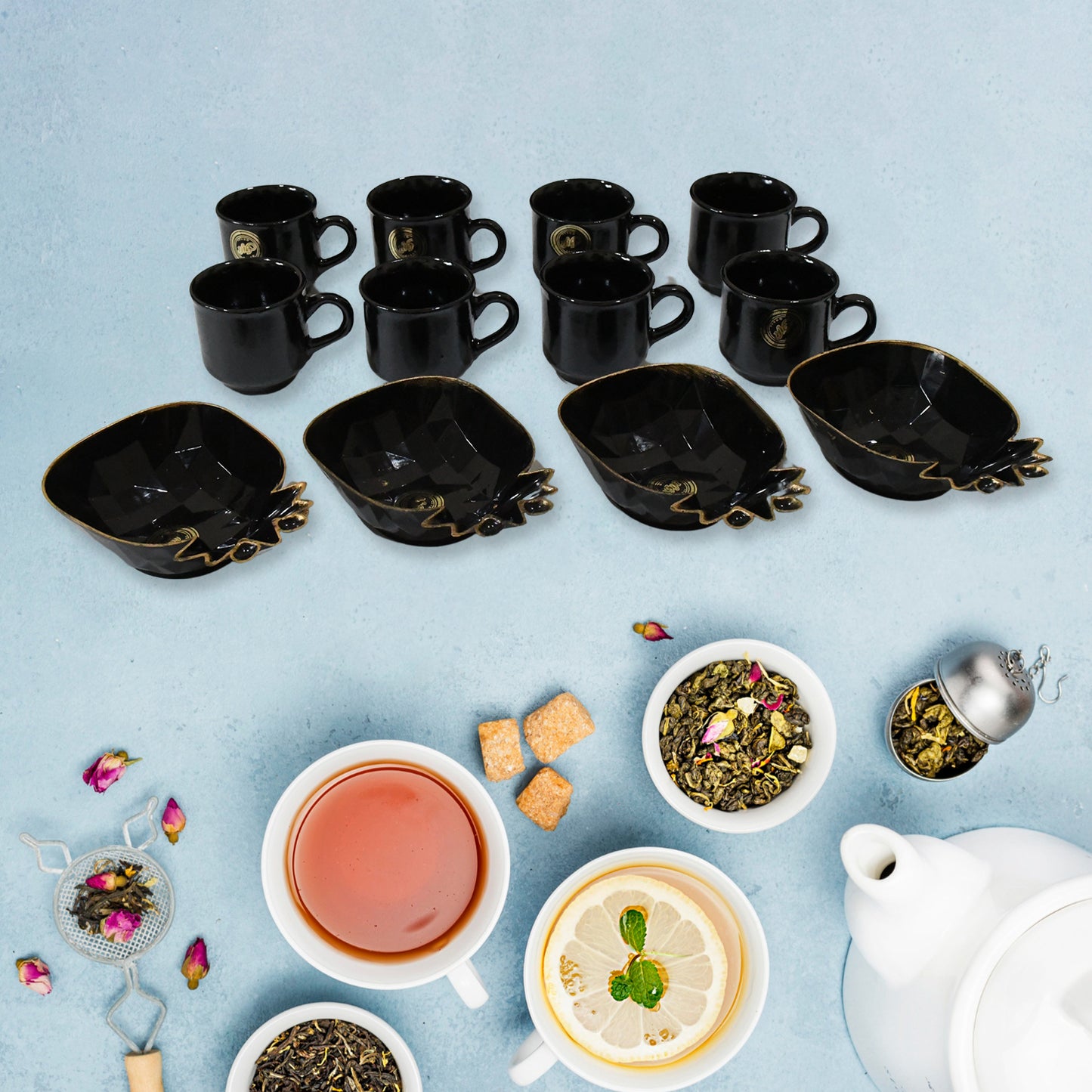 Pine Junction Ceramic Tea / cups / Mug Set With Pineapple Shape Serving Bowl (12 Pcs set)